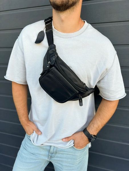 Чорна чоловіча бананка з клапаном із натуральної гладкої шкіри Melnik Bags 17051973 &mdash; поясна сумка 17051973 фото