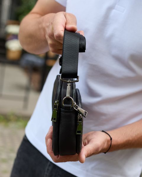 Шкіряна чоловіча сумка 16х23х4 см, барсетка через плече, чорна АЕ94-4566 фото